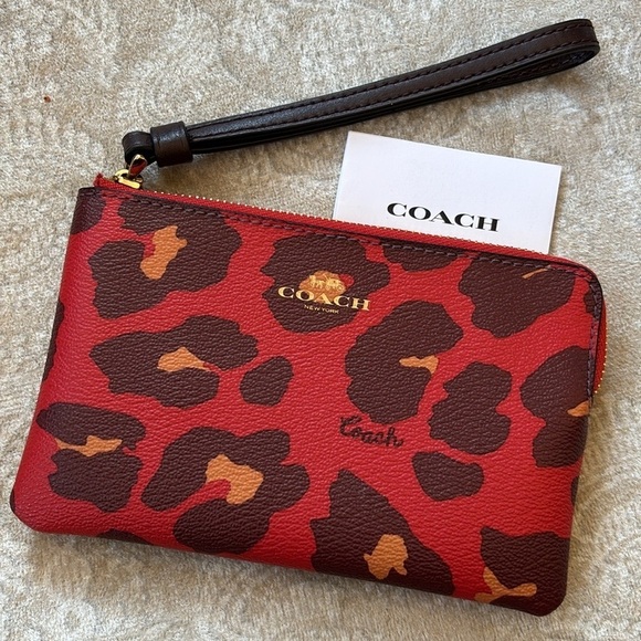 Brand New Coach Genuine Leather Red Brown Animal Print Zippered Wristlet - Picture 1 of 15